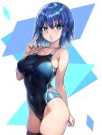  1girl black_one-piece_swimsuit blue_eyes blue_hair breasts ciel_(tsukihime) cleavage closed_mouth commentary competition_swimsuit cowboy_shot ebora large_breasts looking_at_viewer one-piece_swimsuit open_mouth short_hair solo standing swimsuit thighs tsukihime 
