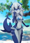  absurd_res anthro blue_body blue_eyes breasts clothed clothing female fish hair hi_res horn looking_at_viewer marine omeki shark solo swimwear white_body white_hair 