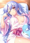  1girl arm_up blue_hair blush breasts breasts_apart closed_mouth commentary_request day eyelashes finger_to_eye hair_between_eyes hair_down hair_spread_out hand_up head_on_pillow head_tilt inari_(summer_pockets) indoors japanese_clothes kimono large_breasts lips long_hair long_sleeves looking_at_viewer lying no_bra on_back on_bed one_eye_closed pink_kimono red_eyes red_sash sash shiny_skin sidelocks smile solo sorakado_ao summer_pockets tears very_long_hair waking_up wide_sleeves zen_(kamuro) 
