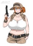  1girl belt black_belt blush breasts brown_eyes brown_hair brown_headwear brown_pants cleavage collarbone copyright_name covered_nipples cropped_shirt fio_germi glasses gun hair_behind_ear handgun highres hip_vent holding holding_gun holding_weapon huge_breasts metal_slug midriff navel pants ponytail revolver round_eyewear shirt sidelocks solo utoka weapon white_shirt 