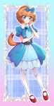  1girl absurdres animal_ears belt black_belt blue_bow blue_dress blue_eyes blue_ribbon bow brooch brown_hair closed_mouth collared_dress commentary delicious_party_precure dog_ears dog_girl dog_tail dress full_body hair_bow hand_on_own_arm hand_on_own_face heart_brooch highres jewelry looking_at_viewer mary_janes medium_dress mitsuki_tayura neck_ribbon outline pam-pam_(precure) pam-pam_(precure)_(human) pantyhose precure puffy_short_sleeves puffy_sleeves red_footwear ribbon shoes short_hair short_sleeves smile solo standing tail white_outline white_pantyhose 