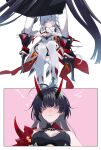  2girls black_hair blue_eyes blush commentary dress high_heels high_ponytail highres honkai_(series) honkai_impact_3rd horns kiana_kaslana kiana_kaslana_(herrscher_of_flamescion) long_hair looking_at_another looking_down lying multiple_girls on_back parted_lips purple_eyes raiden_mei raiden_mei_(herrscher_of_thunder) standing thighhighs utekikuore very_long_hair white_dress white_hair white_thighhighs 