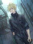  alley black_bodysuit blonde_hair blue_eyes bodysuit building city closed_mouth cloud cloud_strife cloudy_sky final_fantasy final_fantasy_vii highres holding light_frown outdoors power_lines sky spiked_hair stairs user_zttc5328 walking 