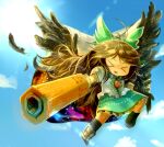  &gt;_&lt; 1girl :d arm_cannon ayuki_(47881314) bird_wings black_socks black_wings blue_sky bow brown_hair cape clenched_hand closed_eyes cloud collared_shirt commentary_request control_rod cookie_(touhou) feathered_wings feathers flying frilled_skirt frills full_body green_bow green_skirt hair_bow kneehighs long_hair nadeko_(cookie) open_mouth print_cape puffy_short_sleeves puffy_sleeves reiuji_utsuho shirt short_sleeves skirt sky smile socks solo starry_sky_print third_eye touhou very_long_hair weapon white_cape white_shirt wings xd 