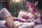  1girl bare_shoulders blush breasts cameltoe detached_sleeves dress facial_mark gloves hair_ornament kai&#039;sa large_breasts league_of_legends long_hair lying on_back panties parted_bangs parted_lips pink_eyes pink_hair sidelocks skirt solo spread_legs star_guardian_kai&#039;sa star_guardian_pet strapless strapless_dress thick_lips thighhighs thighs turewindwalker underwear white_panties 