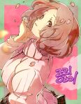  1girl blush brown_eyes brown_hair dated falling_petals fingernails kuga_hotaru long_sleeves okumura_haru parted_lips persona persona_5 petals pink_sweater plaid plaid_skirt short_hair skirt solo sweater upper_body 