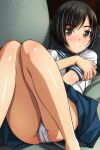  1girl absurdres barefoot blush brown_eyes cameltoe couch feet_out_of_frame highres legs_together looking_at_viewer lying matsunaga_kouyou nose_blush on_back on_couch original panties pantyshot school_uniform serafuku shiny_skin short_hair sidelocks skirt smile solo thighs underwear 