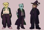  2023 anthro azulin_(unicorn_wars) bear blue_body blue_eyes bottomwear brown_body clothed clothing dazs_gk grimaldo_(unicorn_wars) group harry_potter_(series) hat headgear headwear hi_res mammal necktie pants sargento_caricias scar shirt simple_background slightly_chubby topwear unicorn_wars yellow_body 