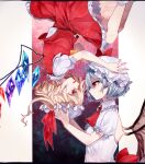  2girls ascot back_bow backless_outfit bat_wings blonde_hair blue_hair bow brooch closed_mouth collared_shirt crystal eye_contact feet_out_of_frame flandre_scarlet frilled_shirt_collar frilled_sleeves frills from_side hair_between_eyes hands_on_another&#039;s_head hat highres impossible_clothes impossible_hair jewelry katai_(nekoneko0720) large_bow looking_at_another medium_hair mob_cap multicolored_wings multiple_girls open_mouth puffy_short_sleeves puffy_sleeves red_ascot red_bow red_brooch red_eyes red_skirt red_vest remilia_scarlet shirt short_sleeves siblings sisters skirt socks touhou upper_body upside-down vest white_headwear white_shirt white_socks wings yellow_ascot 
