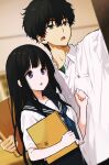  1boy 1girl arm_up artist_logo black_hair brown_hair chitanda_eru gakuran green_eyes highres hyouka kamiyama_high_school_uniform_(hyouka) long_hair mery_(yangmalgage) open_mouth oreki_houtarou purple_eyes school_uniform serafuku shirt short_hair skirt 