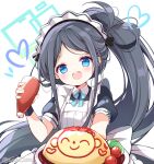  1girl :d apron aris_(blue_archive) aris_(maid)_(blue_archive) arona&#039;s_sensei_doodle_(blue_archive) black_hair blue_archive blue_bow blue_bowtie blue_eyes bottle bow bowtie cameo commentary_request food forehead frilled_apron frills halo holding holding_bottle ketchup ketchup_bottle long_hair looking_at_viewer maid maid_apron maid_headdress official_alternate_costume official_alternate_hairstyle omelet omurice parted_bangs sensei_(blue_archive) short_sleeves side_ponytail sidelocks simple_background smile solo subin_(subin_2011) white_background wristband 