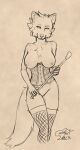  2023 anthro blokfort bottomless breasts canid canine canis clothed clothing corset exposed_breasts female fishnet fishnet_legwear fur genitals hi_res legwear lingerie looking_at_viewer mammal monochrome nipples nude pussy simple_background sketch smile solo stockings topwear whip wolf 
