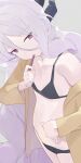  1girl alternate_costume bikini black_bikini black_horns blue_archive grey_background highres hina_(blue_archive) hiroki_(yyqw7151) holding holding_toothbrush horns long_hair looking_at_viewer pink_eyes simple_background solo swimsuit toothbrush toothbrush_in_mouth white_background 