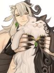  1boy :3 animal animal_ears animalization ashiya_douman_(fate) ashiya_douman_(second_ascension)_(fate) asymmetrical_hair black_eyes black_hair cat cat_ears curly_hair earrings fate/grand_order fate_(series) fingernails hair_between_eyes highres holding holding_animal holding_cat jewelry kemonomimi_mode large_hands long_hair magatama magatama_earrings male_focus multicolored_hair official_alternate_costume pectorals sharp_fingernails sidepec toned toned_male two-tone_hair upper_body ushijiya very_long_fingernails very_long_hair whiskers white_hair 