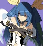  1girl angel_wings ark1478 asymmetrical_wings bare_shoulders blue_hair breasts cleavage dizzy_(guilty_gear) green_wings guilty_gear guilty_gear_xrd hair_ribbon hair_rings highres long_hair looking_at_viewer purple_background red_eyes ribbon simple_background twintails white_wings wings yellow_ribbon 