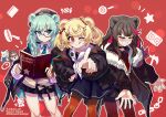  5girls :d ;q ^_^ animal_ears arknights bear_ears beret black_dress black_hair black_jacket black_sailor_collar black_serafuku black_shirt black_skirt blonde_hair blue_eyes blue_hair blue_jacket blush book braid brown_headwear brown_jacket candy_hair_ornament candy_wrapper chibi chibi_inset clenched_teeth closed_eyes closed_mouth commentary_request doctor_(arknights) dress feet_out_of_frame food-themed_hair_ornament fur-trimmed_jacket fur_trim grey_hair gummy_(arknights) hair_ornament hair_over_shoulder hairclip hat highres holding holding_book istina_(arknights) jacket jitome leto_(arknights) lollipop_hair_ornament long_sleeves looking_at_viewer multicolored_hair multiple_girls neckerchief nose_blush one_eye_closed open_book open_clothes open_jacket pantyhose pink_hair pleated_skirt pointing pointing_at_viewer puffy_long_sleeves puffy_sleeves red_background red_eyes red_hair red_pantyhose rosa_(arknights) russian_text sailor_collar sailor_dress school_uniform serafuku shirt single_braid skirt sleepyowl_(jobkung15) smile standing streaked_hair teeth tongue tongue_out twintails v-shaped_eyebrows white_dress white_jacket white_neckerchief white_sailor_collar white_shirt zima_(arknights) 