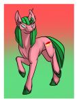  border cherry_delight_(goldfur) cutie_mark equid equine female feral fetlocks foxenawolf fur goldfur&#039;s_cogsverse gradient_background green_eyes green_hair green_hooves green_tail hair half-closed_eyes hasbro hooves horn looking_at_viewer mammal my_little_pony narrowed_eyes pink_body pink_fur simple_background solo tail unicorn white_border 