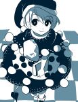 1girl book closed_mouth commentary_request doremy_sweet dress greyscale hat holding holding_book looking_at_viewer monochrome nagare nightcap pom_pom_(clothes) smile solo tail tapir_tail touhou 