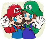  2boys blue_eyes blue_overalls brothers facial_hair gloves green_headwear hat looking_at_viewer luigi mario mario_(series) multiple_boys mustache open_mouth overalls red_headwear siblings smile white_gloves 