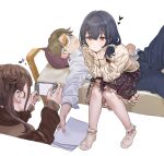  1boy 2girls blush drooling hamedoragon hands_on_own_cheeks hands_on_own_face heart idolmaster idolmaster_shiny_colors looking_at_phone lying morino_rinze multiple_girls musical_note on_back phone producer_(idolmaster) saliva sitting sleep_mask sleeping smile sonoda_chiyoko taking_picture 