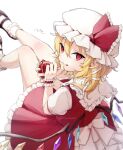  1girl black_footwear blonde_hair crying flandre_scarlet frilled_skirt frills hair_between_eyes hat highres honotai long_hair mob_cap pointy_ears red_eyes red_skirt red_vest shirt shoes short_sleeves side_ponytail simple_background skirt socks solo tongue tongue_out touhou twitter_username vest white_background white_headwear white_shirt white_socks wings 