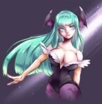  2022 bat_print big_breasts breasts capcom cleavage clothed clothing darkstalkers demon demon_humanoid digital_media_(artwork) digital_painting_(artwork) female hair half-length_portrait head_wings hi_res humanoid leggings legwear leotard looking_aside looking_away luo_qiangwei morrigan_aensland not_furry portrait pose print_clothing print_legwear purple_clothing purple_legwear purple_tights simple_background solo teal_eyes teal_hair tights wings 