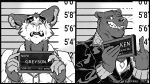  2023 5_fingers anthro barbie_and_ken_mugshot_meme black_and_white bodily_fluids burrows_(captain_nikko) captain_nikko clothing crying duo eyebrows fangs felid fingers gesture grey_(captain_nikko) hi_res jacket ken_(captain_nikko) male mammal marsupial middle_finger monochrome mugshot pantherine possum smile smiling_at_viewer tears tears_of_pain teeth thick_eyebrows topwear whiskers 