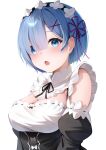  1girl absurdres blue_eyes blue_hair blush breasts cleavage commentary detached_sleeves eyes_visible_through_hair frilled_sleeves frills hair_ornament hair_over_one_eye hair_ribbon highres large_breasts looking_at_viewer maid maid_headdress open_mouth purple_ribbon re:zero_kara_hajimeru_isekai_seikatsu rem_(re:zero) ribbon ribbon-trimmed_clothes ribbon_trim roswaal_mansion_maid_uniform short_hair sido_(ama_r007) simple_background solo white_background x_hair_ornament 