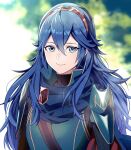  1girl ameno_(a_meno0) armor black_sweater blue_cape blue_eyes blue_hair cape closed_mouth commentary_request fire_emblem fire_emblem_awakening hair_between_eyes long_hair looking_at_viewer lucina_(fire_emblem) pauldrons red_cape ribbed_sweater shoulder_armor smile solo sweater tiara turtleneck turtleneck_sweater two-tone_cape 