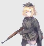  1girl absurdres black_headwear black_jacket black_shirt black_skirt blonde_hair blue_eyes braid breasts closed_mouth commentary cross cross_earrings earrings french_braid g43_(girls&#039;_frontline) gewehr_43 girls&#039;_frontline gun hat highres holding holding_gun holding_weapon iron_cross jacket jacket_on_shoulders jewelry large_breasts light_frown long_sleeves looking_at_viewer martinreaction military military_hat military_uniform rifle scope shirt short_hair simple_background skirt solo thighhighs uniform v-shaped_eyebrows weapon white_background white_thighhighs 