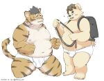  2023 anthro backpack bear belly big_belly bulge clothing duo felid hi_res humanoid_hands kemono male male/male mammal moobs moujya navel nipples overweight overweight_male pantherine tiger underwear young 