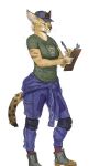  2021 anthro big_ears blonde_hair boots bottomwear caracal caracal_(genus) cettus clipboard clothed clothing felid feline female footwear fully_clothed fur hair hat headgear headwear hi_res holding_clipboard holding_object holding_pen jumpsuit knee_pads looking_at_object mammal pants pen shirt shoes simple_background standing tail tan_body tan_fur topwear white_background 