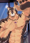  abs anthro brown_body brown_fur canid canine canis crystal domestic_dog fur grausummon jewelry lifewonders live_a_hero male mammal muscular muscular_anthro muscular_male navel necklace nipples pawpads pecs pubraseer purple_eyes shirtless solo 