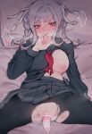  1girl absurdres bed_sheet black_shirt black_skirt blush braid breasts cum danganronpa_(series) danganronpa_2:_goodbye_despair facial glasses grey_ribbon grey_sailor_collar hair_ribbon highres large_breasts long_hair lying miniskirt neckerchief nipples object_insertion on_back pantyhose pekoyama_peko pleated_skirt red_eyes red_neckerchief ribbon sailor_collar sex_toy shiny_skin shirt skirt solo torn_clothes torn_pantyhose twin_braids vaginal vaginal_object_insertion vibrator zutazutako 