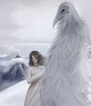  ambiguous_gender anthro avian beak clothed clothing cryptid duo erosion_bird faceless_character feathers female hair hi_res human long_hair mammal mountain nymphgem size_difference sky smaller_female snow white_body white_feathers wind 