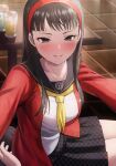  1girl 1other amagi_yukiko black_hair blush breasts cardigan collarbone cup drink drinking_glass drunk fagi_(kakikaki) grey_eyes grin hairband highres long_hair looking_at_viewer miniskirt neckerchief outstretched_arms parted_lips persona persona_4 pleated_skirt pov pov_hands red_cardigan red_hairband red_sweater sailor_collar school_uniform serafuku shirt sitting sitting_on_lap sitting_on_person skirt smile solo_focus straight_hair sweater table tile_floor tiles white_shirt yasogami_school_uniform yellow_neckerchief 