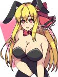  alternate_costume animal_ears arm_around_waist blonde_hair breasts choker commission detached_sleeves fake_animal_ears hair_between_eyes hair_ribbon highres large_breasts long_hair looking_at_viewer neferkitty ofuda playboy_bunny red_eyes ribbon ribbon_choker slit_pupils smile solo touhou 