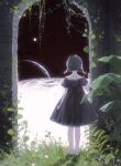  1girl absurdres arch arm_at_side backlighting bare_legs barefoot braid commentary_request dress earth_(planet) facing_away film_grain full_body grass grey_dress grey_hair hand_on_wall hand_up hidari_(nanmu-left) highres low_twintails moon original planet plant short_hair solo space standing star_(sky) twin_braids twintails vines wall 