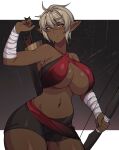  1girl arm_wrap arrow_(projectile) black_background bow_(weapon) breasts cero_rains cleavage dark-skinned_female dark_elf dark_skin elf highres holding holding_bow_(weapon) holding_weapon large_breasts long_pointy_ears looking_at_viewer navel orange_eyes original pointy_ears quiver short_hair short_shorts shorts solo weapon white_hair 