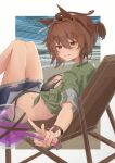  1girl absurdres agnes_tachyon_(lunatic_lab)_(umamusume) agnes_tachyon_(umamusume) ahoge animal_ears bandolier bikini black_bikini border bracelet breasts brown_hair cleavage commentary criss-cross_halter denim denim_shorts ear_ornament flask green_jacket grin hair_between_eyes halterneck highres holding holding_flask horse_ears horse_girl horse_tail jacket jewelry looking_at_viewer medium_breasts navel on_chair open_fly outdoors red_eyes round-bottom_flask sei_(bigaa) short_hair shorts sleeves_rolled_up smile solo summer&#039;s_sunlight_fades_to_blue_(umamusume) swimsuit tail teeth thigh_strap tied_jacket umamusume v white_border wooden_chair 