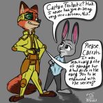  anthro canid canine clothing cosplay costume dialogue disney english_text female fox gesture hi_res judy_hopps lagomorph leporid male mammal nick_wilde pointing rabbit tangerine_(artist) text zootopia 