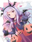  2girls alternate_costume animal_ears blush border candy closed_eyes closed_mouth collarbone commentary_request detached_sleeves food ghost hair_ornament halloween_costume headband highres horse_ears horse_girl horse_tail jack-o&#039;-lantern mejiro_ardan_(umamusume) mejiro_mcqueen_(umamusume) multiple_girls open_mouth pink_background shizuna_kaede simple_background smile tail translation_request umamusume white_background white_border 