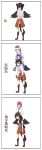  3girls absurdres animal_ears arms_at_sides black_hair black_necktie black_pants black_wings boots bridle brown_headwear carrying chainsaw_man closed_mouth cowboy_boots cowboy_hat crossover evi_(teamexcuseme1) full_body gold_ship_(umamusume) grey_hair hands_on_another&#039;s_head hat highres horse_ears horse_girl horse_tail kurokoma_saki leaning_forward long_sleeves looking_at_another looking_at_viewer makima_(chainsaw_man) medium_hair multiple_girls necktie no_headwear on_shoulder open_mouth pants pegasus_wings pillbox_hat purple_eyes red_eyes red_hair ringed_eyes sailor_collar sailor_shirt school_uniform shaded_face shirt shoes sitting_on_shoulder skirt smile tail thighhighs touhou translation_request umamusume wings yellow_eyes 
