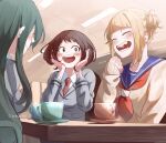  3girls asui_tsuyu baksanim blazer blonde_hair blue_sailor_collar boku_no_hero_academia brown_eyes brown_hair cardigan ceiling_light closed_eyes collared_shirt cup double_bun fangs green_hair grey_jacket hair_bun hands_up highres indoors jacket long_hair medium_hair messy_hair multiple_girls neckerchief necktie open_mouth red_neckerchief red_necktie sailor_collar saucer school_uniform shirt sitting table teacup toga_himiko u.a._school_uniform uraraka_ochako white_shirt yellow_cardigan 