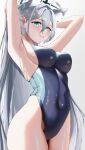  1girl absurdres ahoge animal_ears armpits arms_behind_head blue_archive blue_eyes breasts broken_halo competition_swimsuit covered_navel dark_halo grey_hair hair_between_eyes halo highres katagirinanoka large_breasts long_hair looking_at_viewer messy_hair mismatched_pupils one-piece_swimsuit shiroko_(blue_archive) shiroko_(terror)_(blue_archive) sideboob simple_background solo swimsuit two-tone_swimsuit white_background wolf_ears 