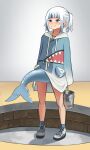  1girl :3 absurdres animal_costume animal_hood blue_eyes blue_hair blue_hoodie blue_socks blush bucket closed_mouth fins fish_tail full_body gawr_gura grey_hair highres holding holding_bucket hololive hololive_english hood hoodie madaotheory medium_hair multicolored_hair ponytail shark_costume shark_girl shark_hood shark_print shark_tail short_hair sidelocks socks solo standing streaked_hair tail virtual_youtuber white_footwear 