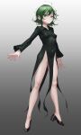  1girl absurdres black_dress black_footwear breasts closed_mouth collared_dress covered_navel covered_nipples curly_hair dress full_body ghode_(basashi) green_eyes green_hair highres looking_at_viewer one-punch_man short_hair side_slit small_breasts solo tatsumaki 