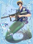  1boy black_hair blue_background blue_shirt dairoku_ryouhei eyepatch facial_hair floral_print full_body green_eyes gun hat highres holding holding_gun holding_weapon looking_at_viewer machine_gun male_focus merman monster_boy rai-gg shirt short_hair short_sleeves solo stubble water weapon 