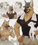  &lt;3 2023 abs absurd_res anthro big_pecs biped black_clothing black_nose black_shirt black_t-shirt black_topwear bodily_fluids bovid bovid_horn brown_body brown_fur bulge canid canine canis caprine caprine_horn claws clothed clothing digital_media_(artwork) domestic_dog feral finger_claws fur furgonomic_headwear german_shepherd group hair hair_over_eyes hand_on_hip hat headgear headwear herding_dog hi_res horizontal_pupils horn k0bit0wani larger_male male mammal multicolored_body multicolored_fur muscular muscular_anthro muscular_male orange_eyes pastoral_dog pecs pupils ram_horn sheep shirt simple_background size_difference smaller_male smile sweat t-shirt tan_body tan_fur tongue tongue_out topless topless_anthro topless_male topwear towel towel_around_neck trio two_tone_body two_tone_fur v-neck white_background white_body white_fur yellow_eyes 
