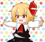  1girl :d black_skirt black_vest blonde_hair collared_shirt commentary_request fang frilled_shirt_collar frills hair_between_eyes hair_ribbon long_sleeves mitya multicolored_polka_dots outstretched_arms polka_dot polka_dot_background puffy_long_sleeves puffy_sleeves red_eyes red_ribbon ribbon rumia shirt skirt smile solo spread_arms touhou vest white_background white_shirt 